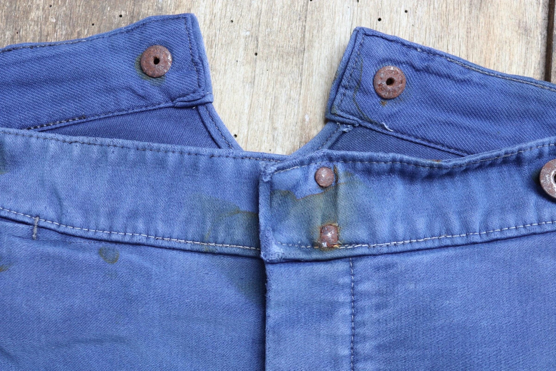 Vintage 1940s French workwear trousers - buckle back chore pants - blue moleskin - 37” x 25”