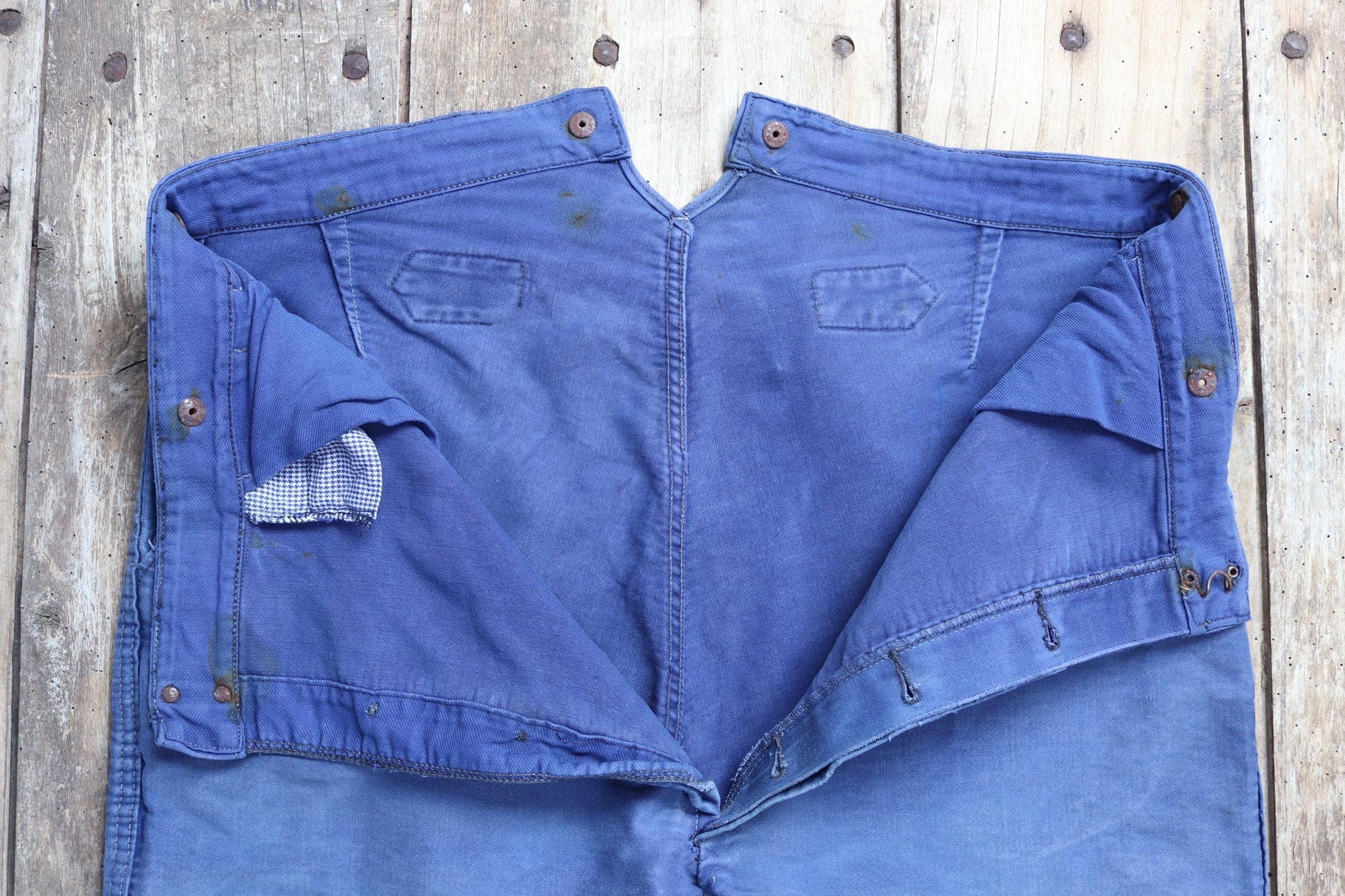 Vintage 1940s French workwear trousers - buckle back chore pants - blue moleskin - 37” x 25”