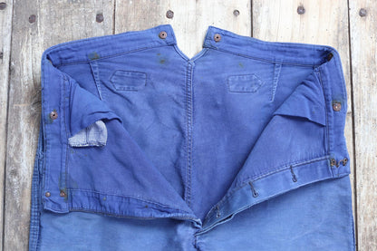 Vintage 1940s French workwear trousers - buckle back chore pants - blue moleskin - 37” x 25”
