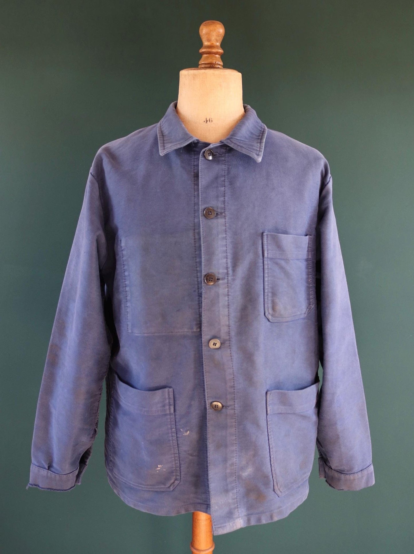 Vintage French blue moleskin workwear jacket - distressed chore coat - 47" chest