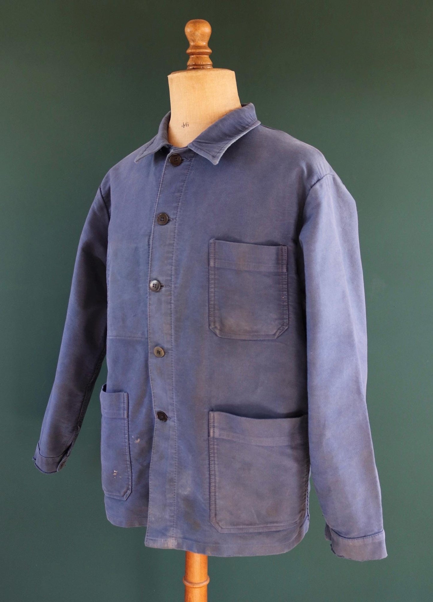 Vintage French blue moleskin workwear jacket - distressed chore coat - 47" chest
