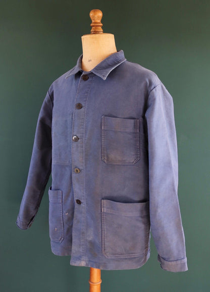 Vintage French blue moleskin workwear jacket - distressed chore coat - 47" chest