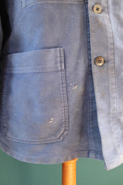 Vintage French blue moleskin workwear jacket - distressed chore coat - 47" chest