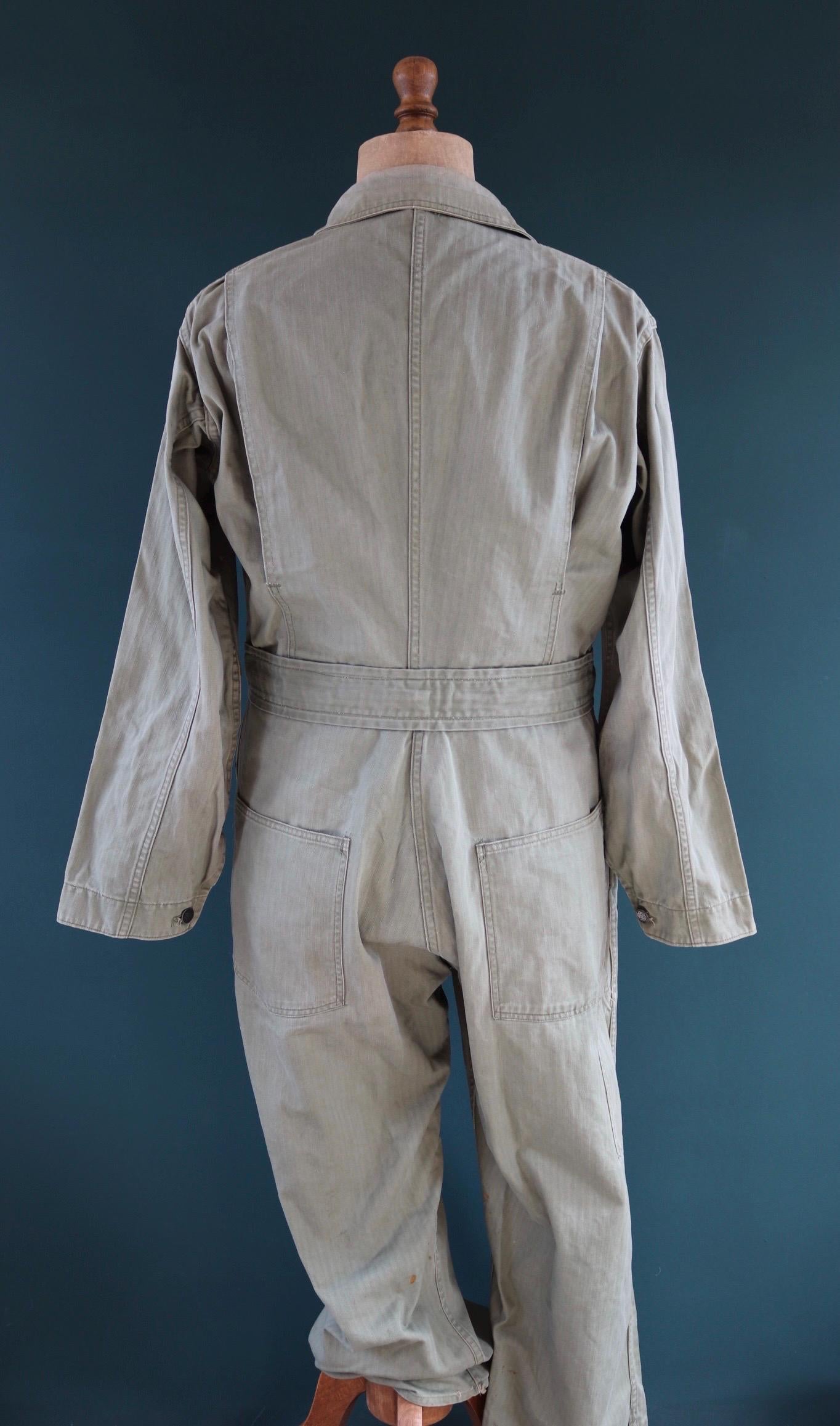 Vintage WW2 US army 1st pattern HBT overalls - 1940s military workwear - OD8 green belted coveralls - 43” x 37” x 26”