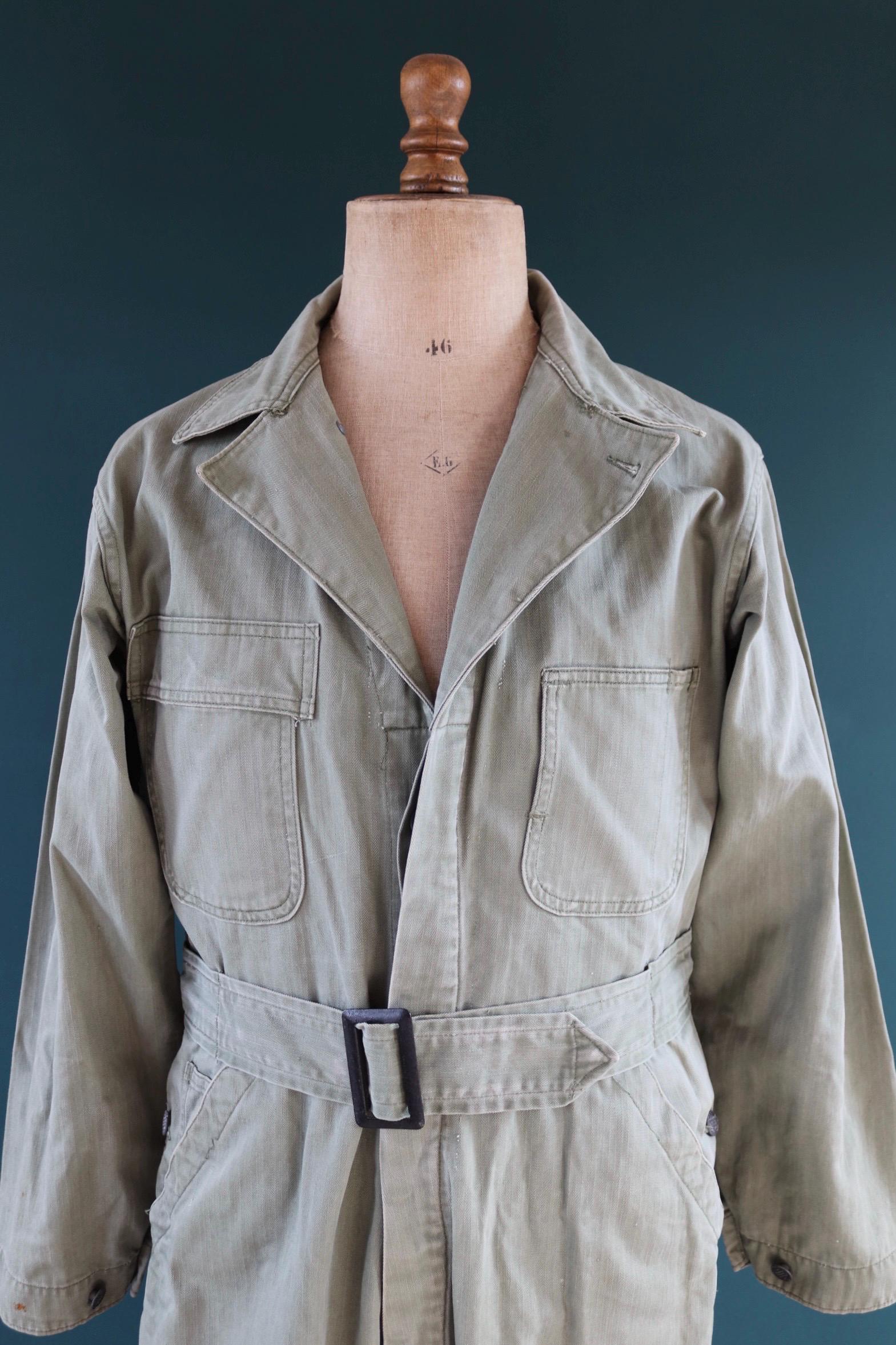 Vintage WW2 US army 1st pattern HBT overalls - 1940s military workwear - OD8 green belted coveralls - 43” x 37” x 26”