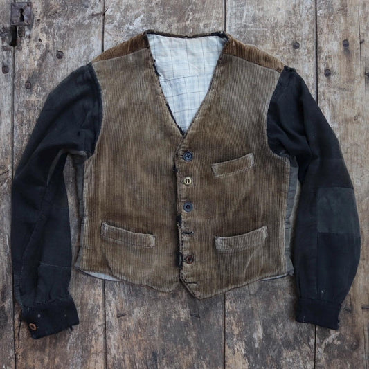 Vintage 1920s French corduroy waistcoat - buckle back workwear vest - 34" chest