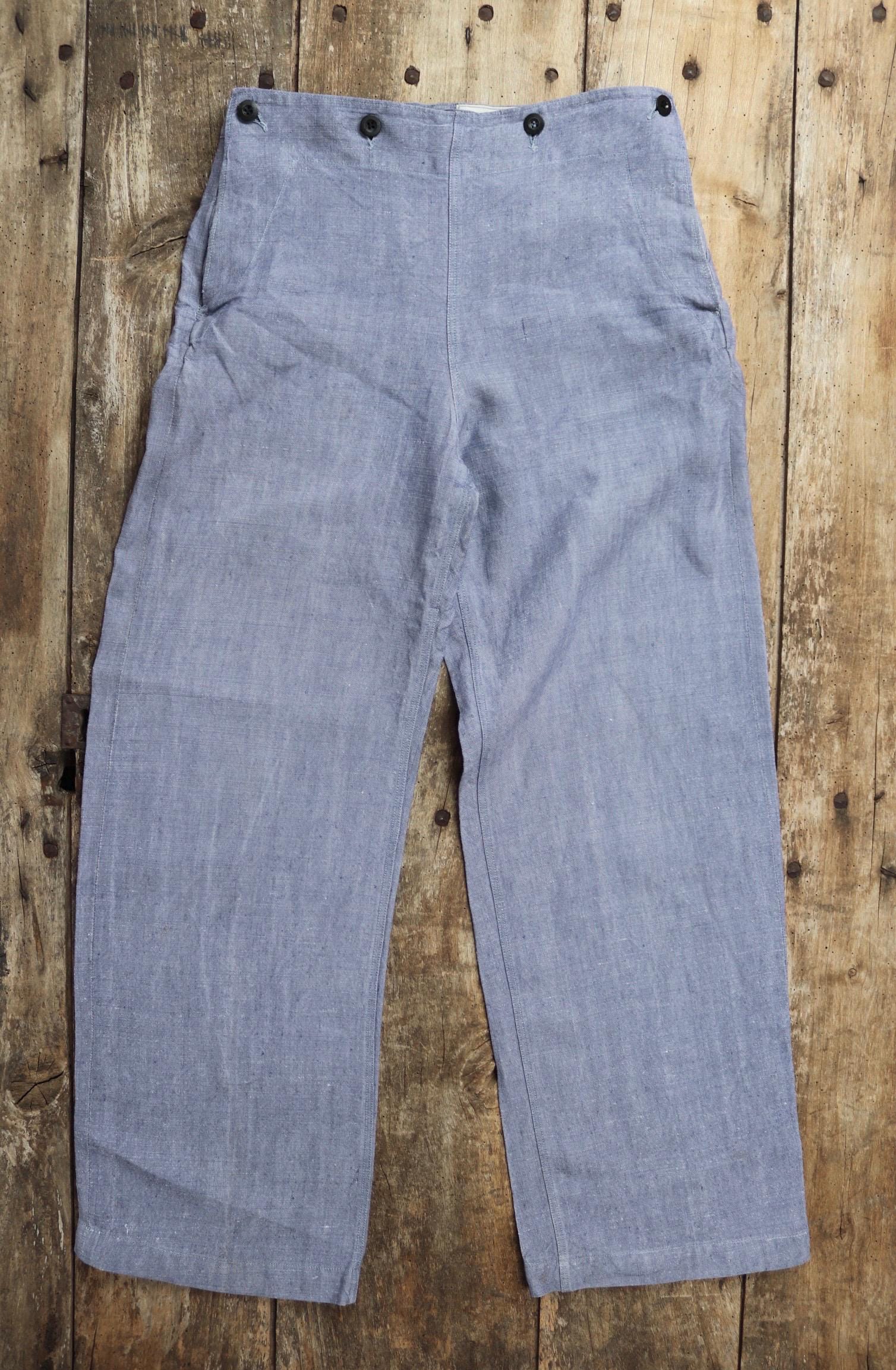 Vintage 1950s French linen trousers - sailor pants - military workwear - fall front - wide leg - 29" x 31"
