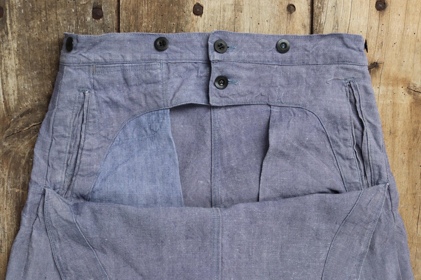 Vintage 1950s French linen trousers - sailor pants - military workwear - fall front - wide leg - 29" x 31"