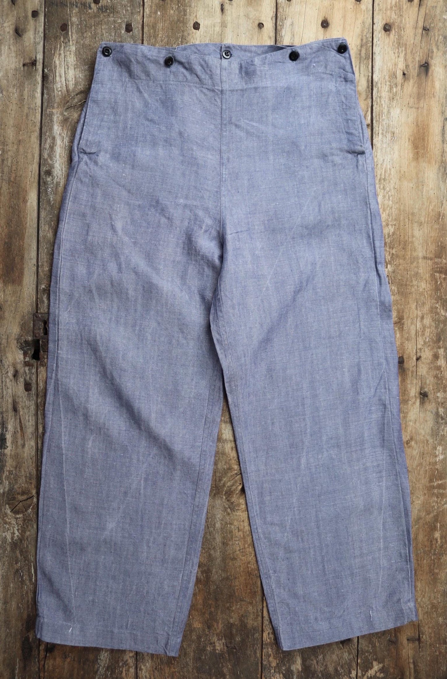 Vintage 1960s French linen trousers - sailor pants - military workwear - fall front - wide leg - 36" x 30"
