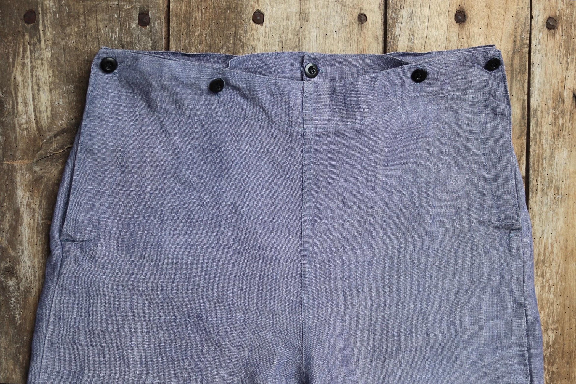 Vintage 1960s French linen trousers - sailor pants - military workwear - fall front - wide leg - 36" x 30"