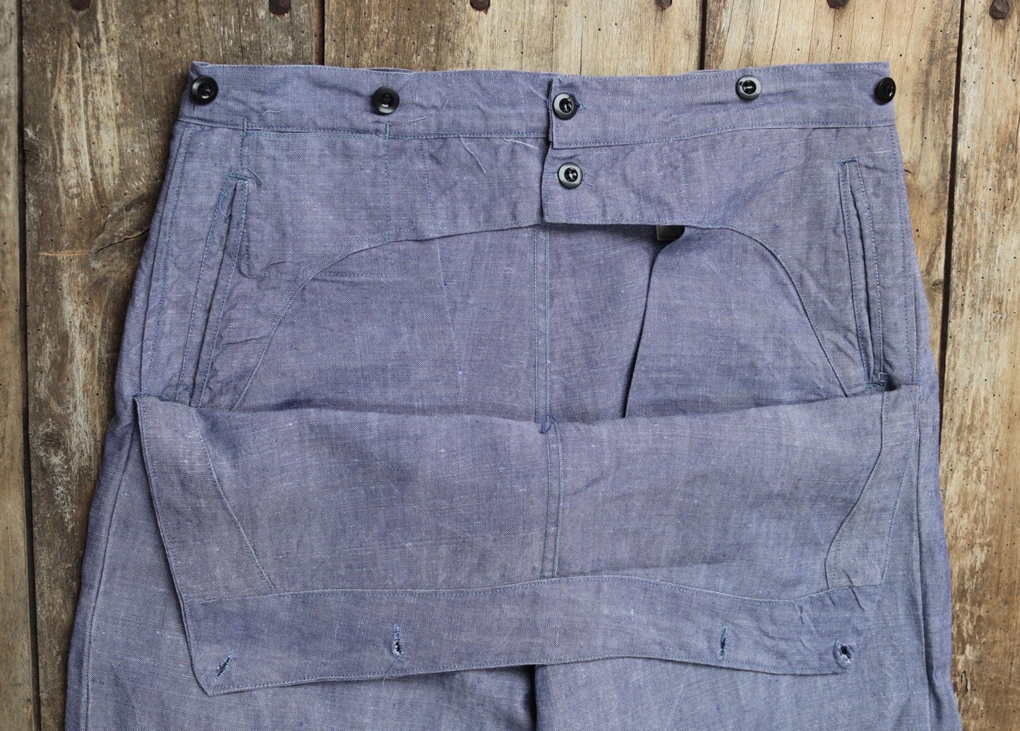 Vintage 1960s French linen trousers - sailor pants - military workwear - fall front - wide leg - 36" x 30"