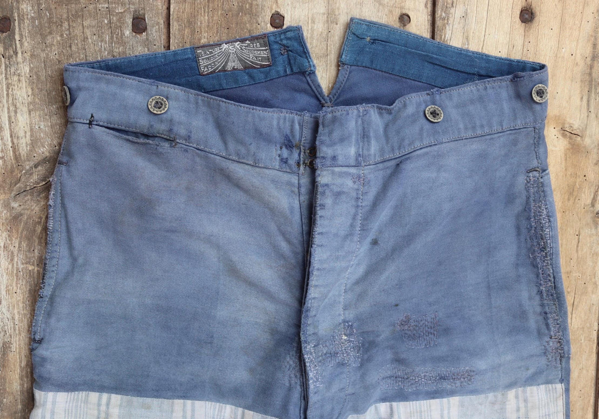 Vintage 1930s French workwear trousers - buckle back chore pants - blue moleskin - darned and repaired - 35” x 26”
