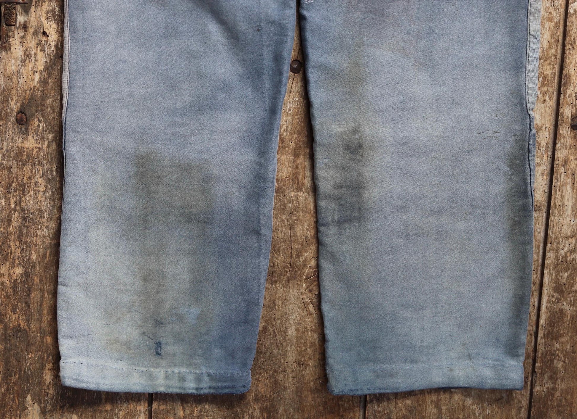 Vintage 1930s French workwear trousers - buckle back chore pants - blue moleskin - darned and repaired - 35” x 26”