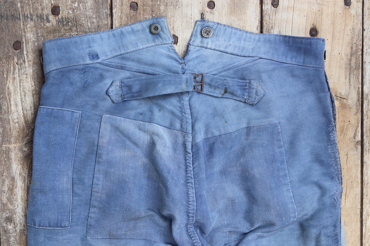 Vintage 1930s French workwear trousers - buckle back chore pants - blue moleskin - darned and repaired - 35” x 26”