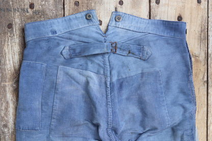 Vintage 1930s French workwear trousers - buckle back chore pants - blue moleskin - darned and repaired - 35” x 26”