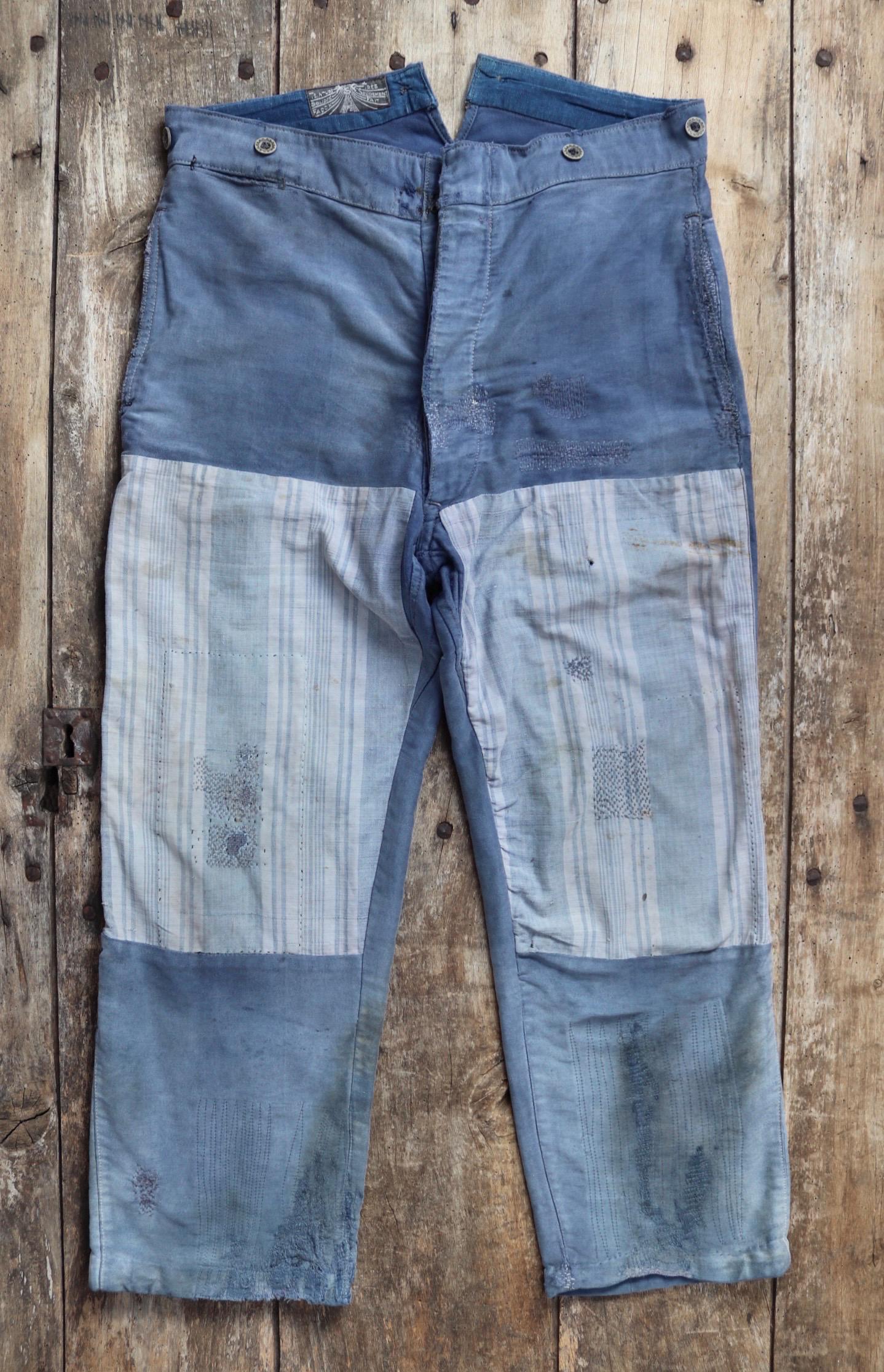 Vintage 1930s French workwear trousers - buckle back chore pants - blue moleskin - darned and repaired - 35” x 26”