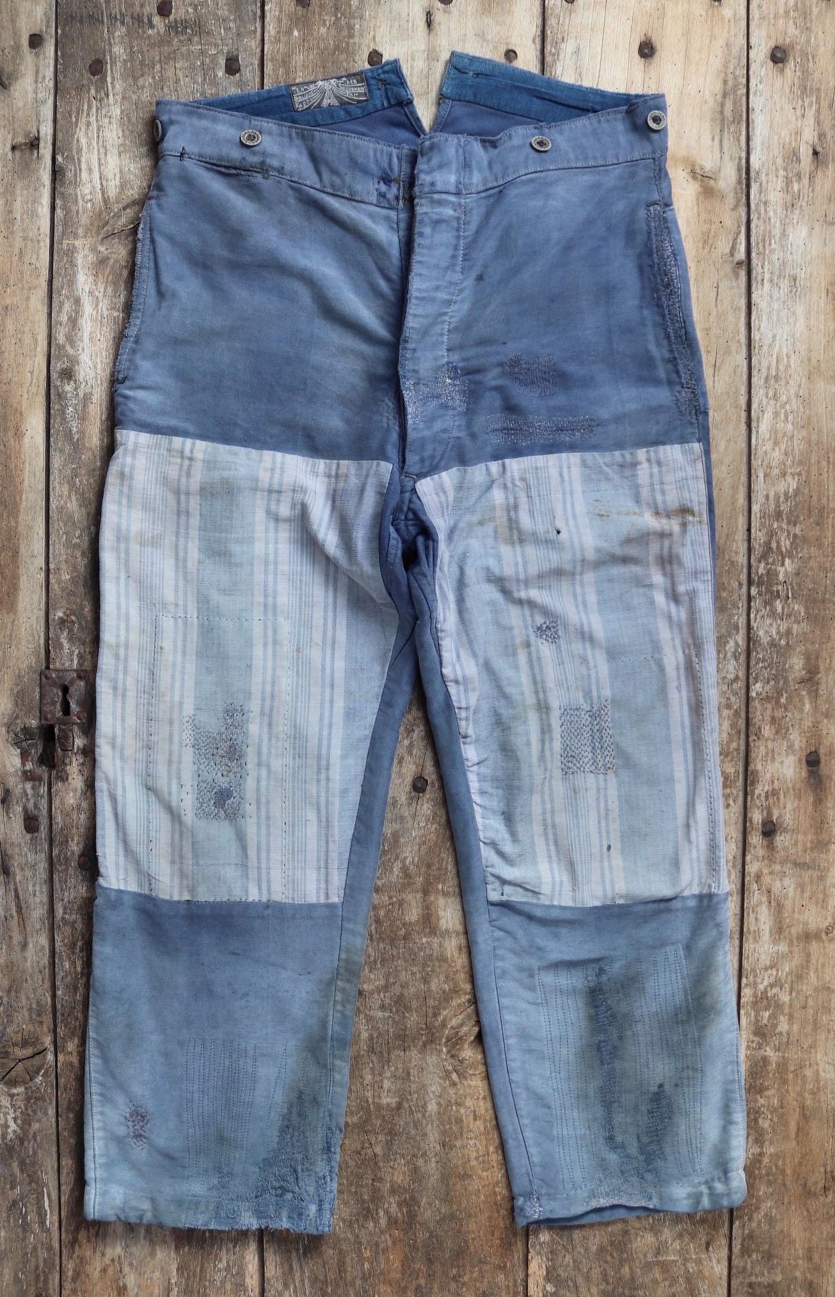 Vintage 1930s French workwear trousers - buckle back chore pants - blue moleskin - darned and repaired - 35” x 26”