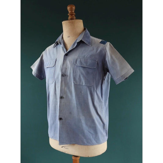 Vintage 1940s French workwear shirt - faded blue chambray cotton - darned and repaired - 45” chest