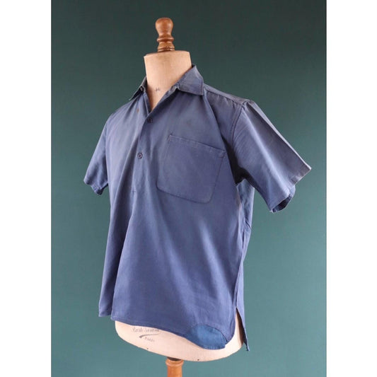 Vintage 1940s French workwear shirt - faded blue chambray cotton - darned and repaired - 48” chest