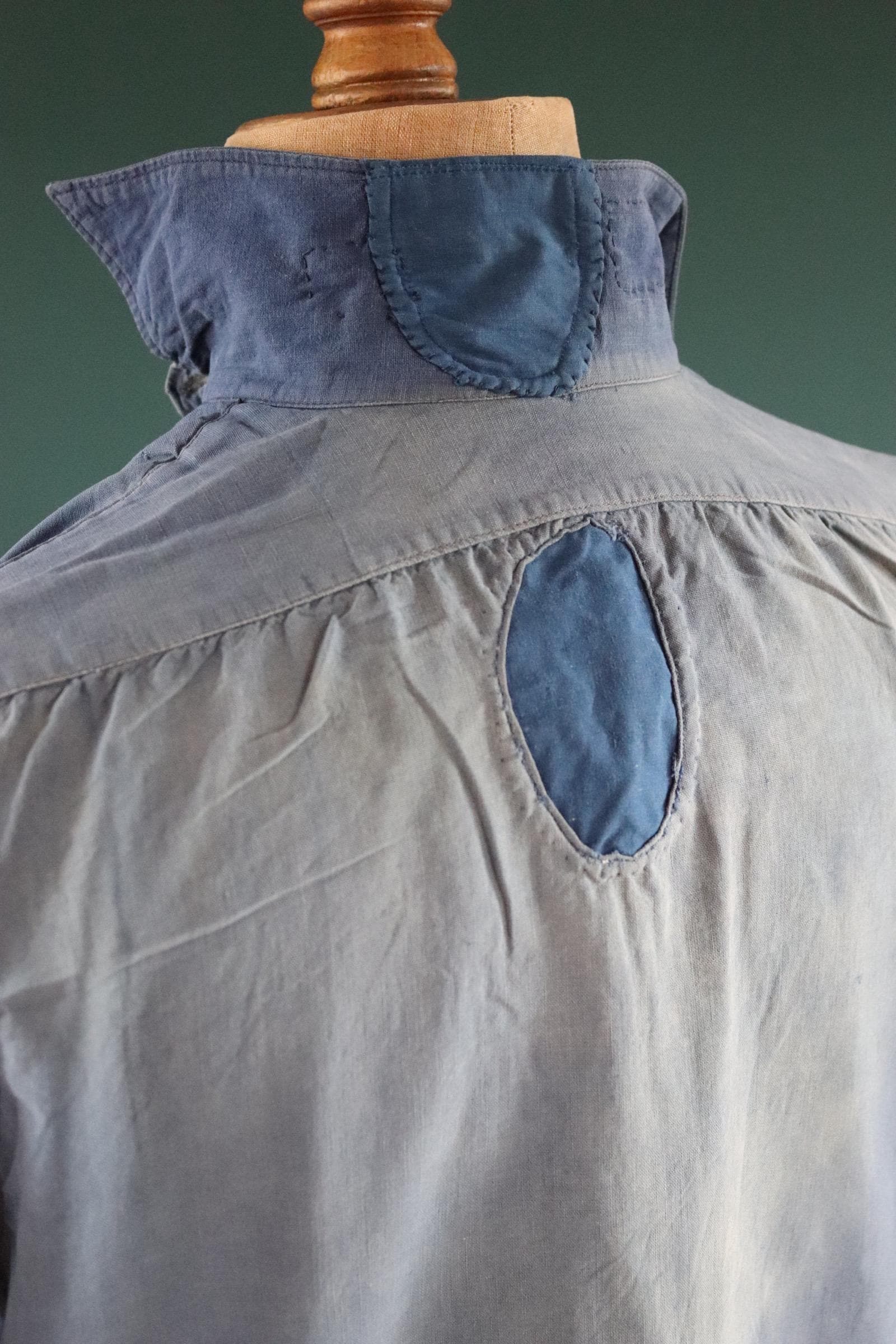 Vintage 1940s French workwear shirt - faded blue chambray cotton - darned and repaired - 48” chest