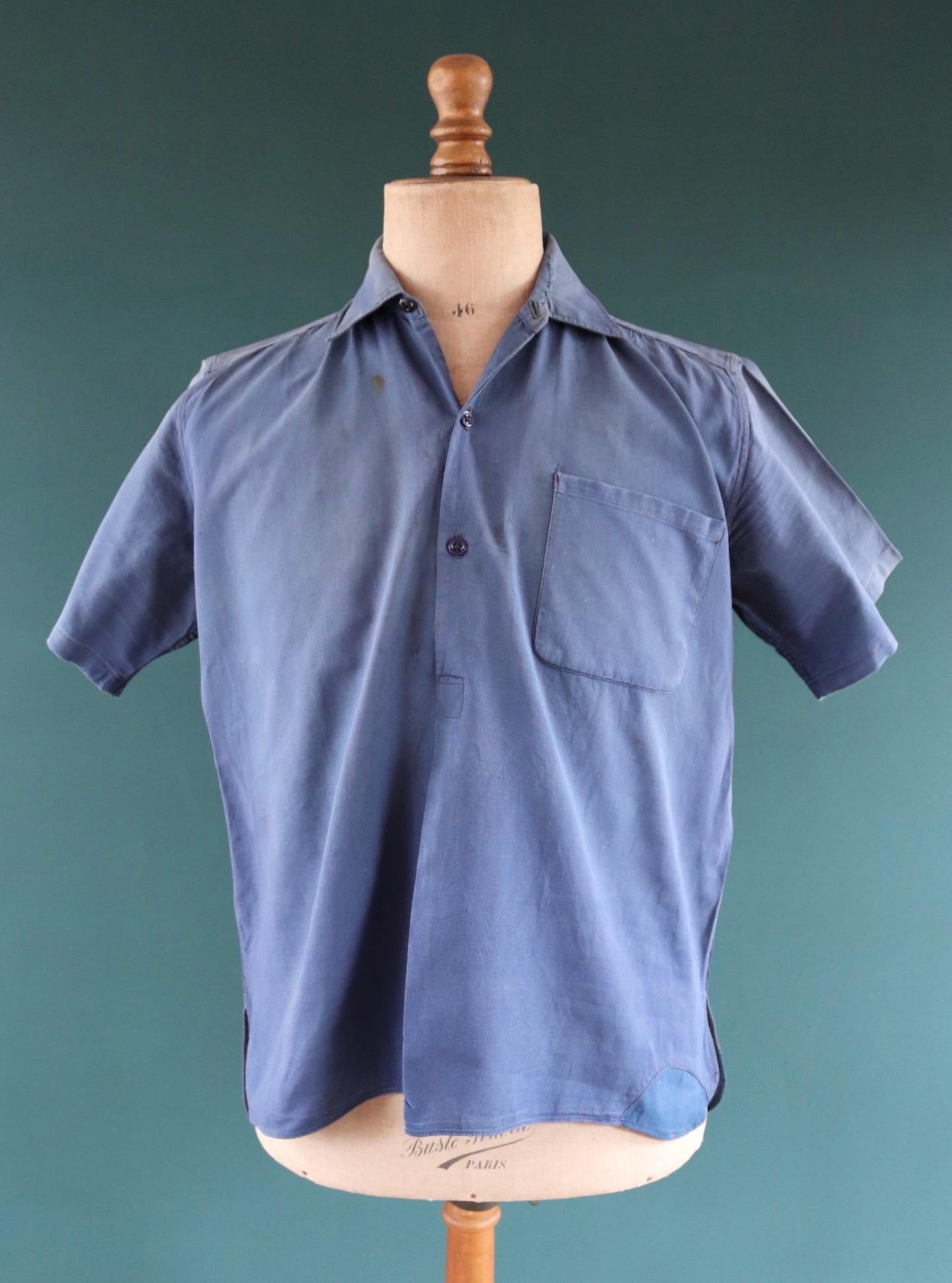 Vintage 1940s French workwear shirt - faded blue chambray cotton - darned and repaired - 48” chest