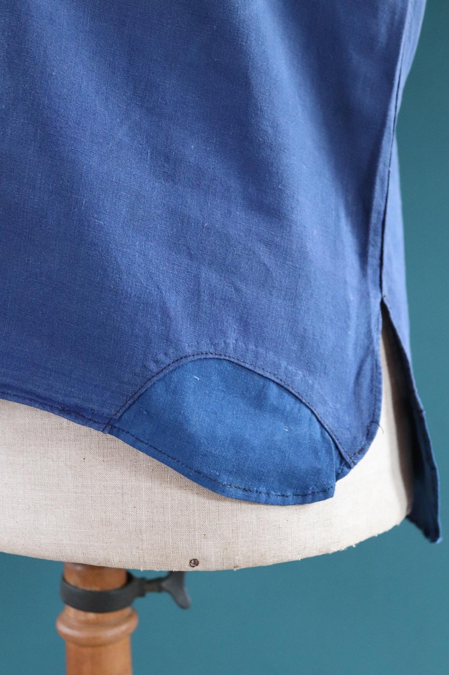 Vintage 1940s French workwear shirt - faded blue chambray cotton - darned and repaired - 48” chest