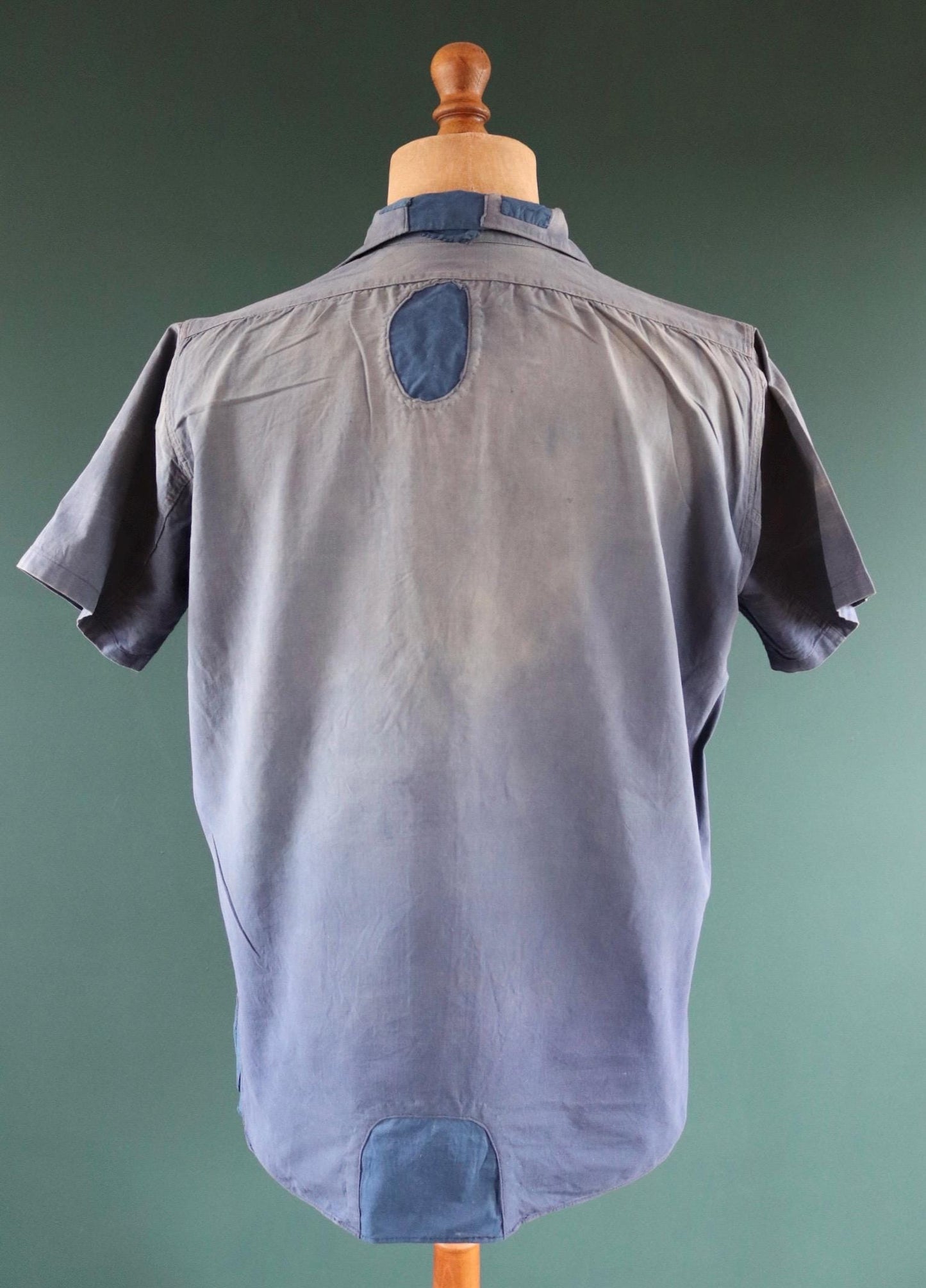 Vintage 1940s French workwear shirt - faded blue chambray cotton - darned and repaired - 48” chest