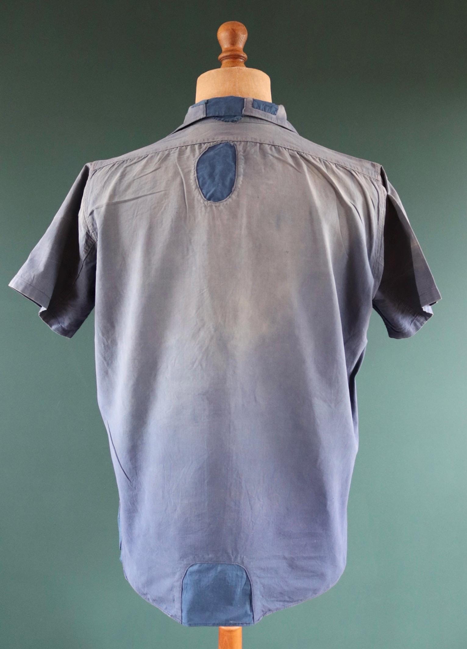 Vintage 1940s French workwear shirt - faded blue chambray cotton - darned and repaired - 48” chest