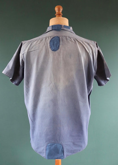 Vintage 1940s French workwear shirt - faded blue chambray cotton - darned and repaired - 48” chest