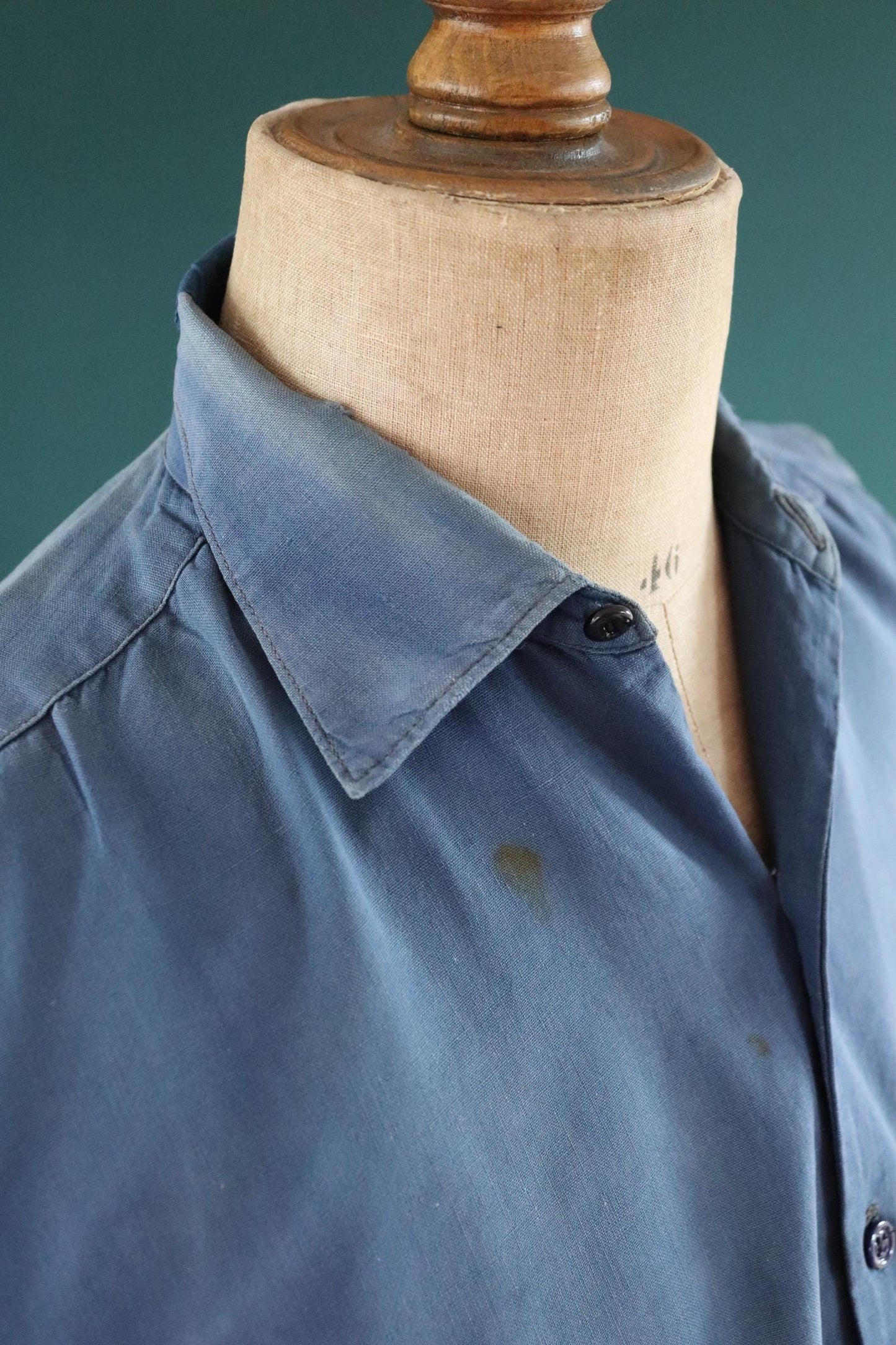 Vintage 1940s French workwear shirt - faded blue chambray cotton - darned and repaired - 48” chest