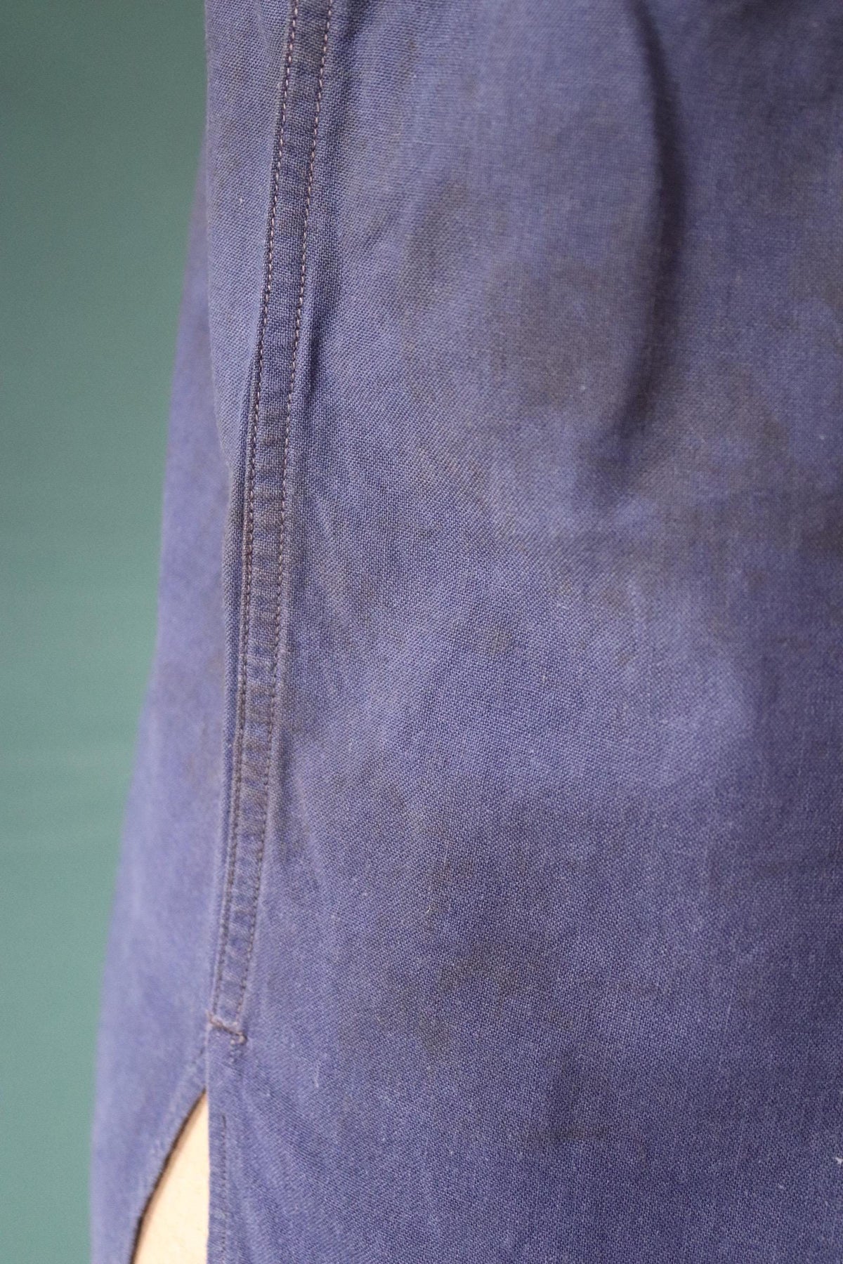 Vintage 1940s French workwear shirt - faded blue chambray cotton - darned and repaired - 46” chest
