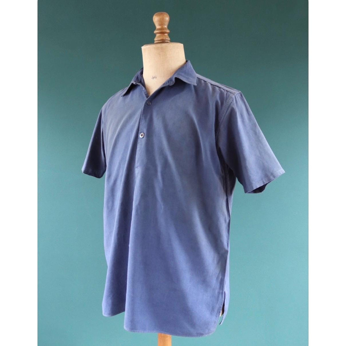 Vintage 1940s French workwear shirt - faded blue chambray cotton - darned and repaired - 46” chest