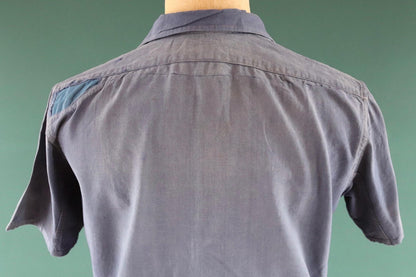 Vintage 1940s French workwear shirt - faded blue chambray cotton - darned and repaired - 46” chest