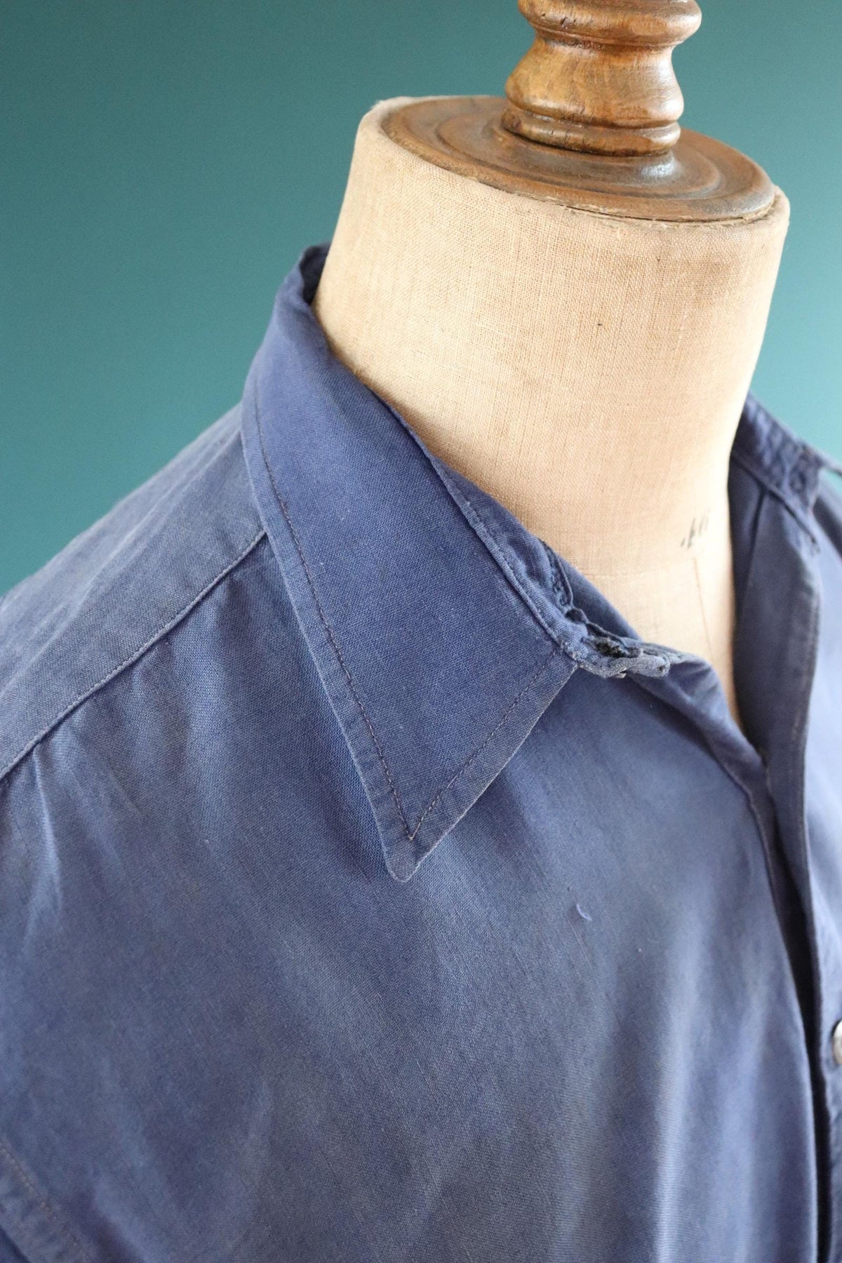 Vintage 1940s French workwear shirt - faded blue chambray cotton - darned and repaired - 46” chest