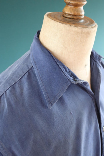 Vintage 1940s French workwear shirt - faded blue chambray cotton - darned and repaired - 46” chest