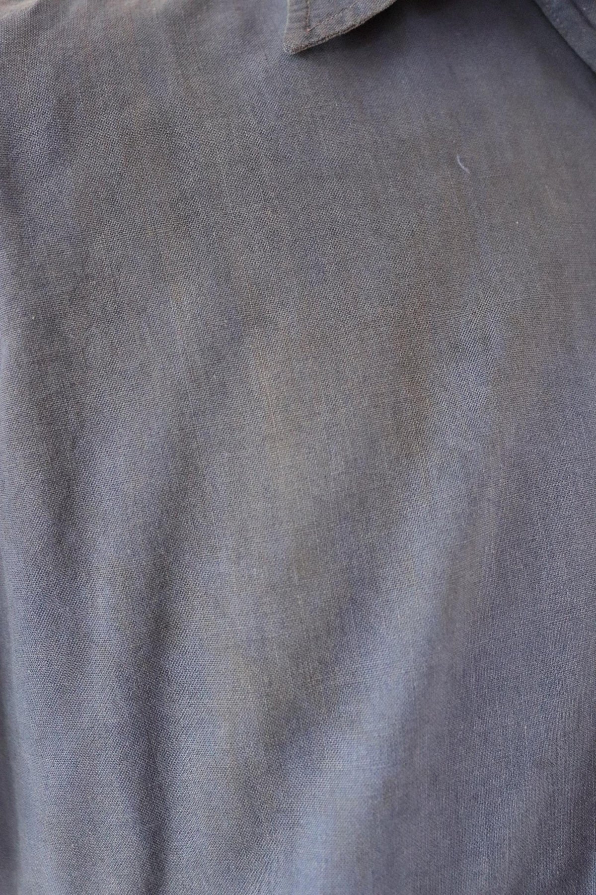 Vintage 1940s French workwear shirt - faded blue chambray cotton - darned and repaired - 46” chest