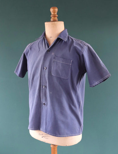 Vintage 1940s French workwear shirt - faded blue chambray cotton - darned and repaired - 43” chest
