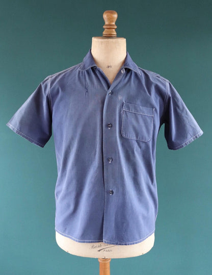 Vintage 1940s French workwear shirt - faded blue chambray cotton - darned and repaired - 43” chest