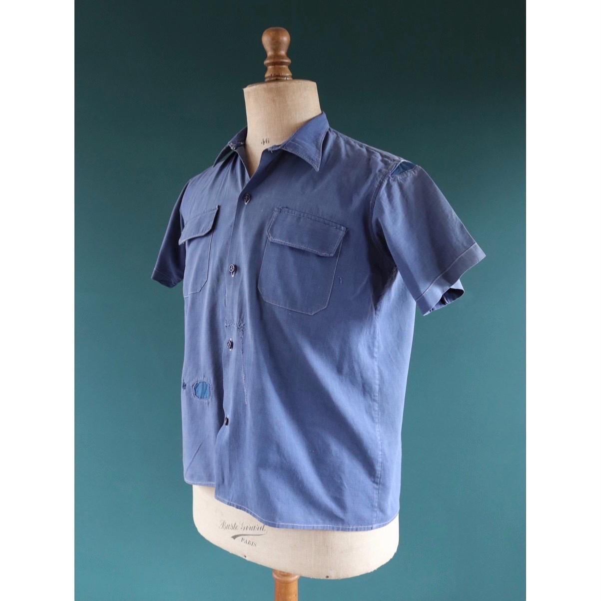 Vintage 1940s French workwear shirt - faded blue chambray cotton - darned and repaired - 43” chest