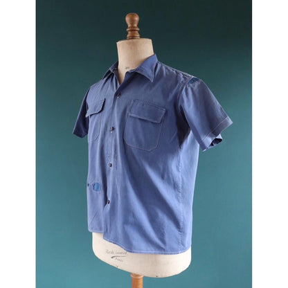Vintage 1940s French workwear shirt - faded blue chambray cotton - darned and repaired - 43” chest