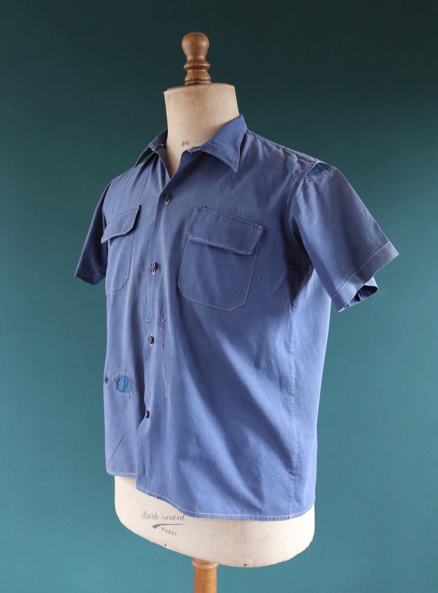 Vintage 1940s French workwear shirt - faded blue chambray cotton - darned and repaired - 43” chest