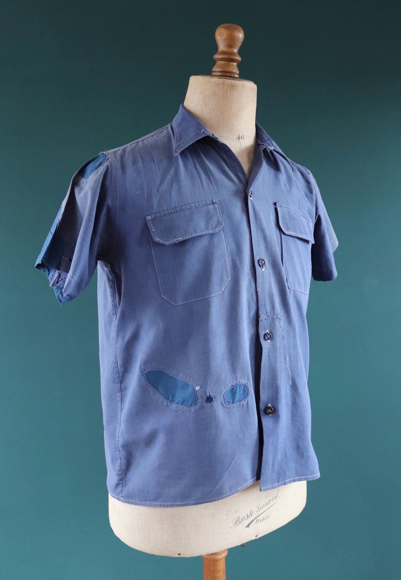 Vintage 1940s French workwear shirt - faded blue chambray cotton - darned and repaired - 43” chest