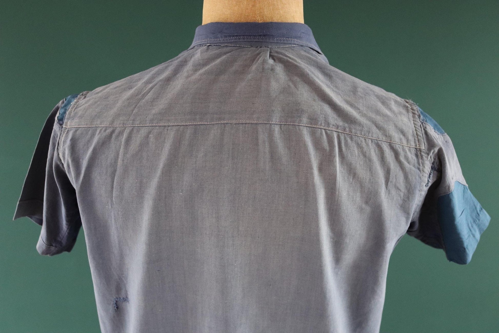 Vintage 1940s French workwear shirt - faded blue chambray cotton - darned and repaired - 43” chest