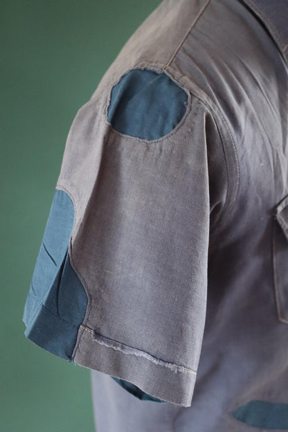 Vintage 1940s French workwear shirt - faded blue chambray cotton - darned and repaired - 43” chest