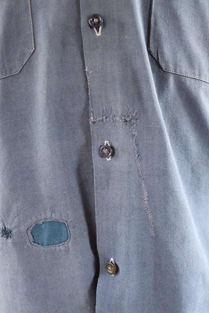 Vintage 1940s French workwear shirt - faded blue chambray cotton - darned and repaired - 43” chest