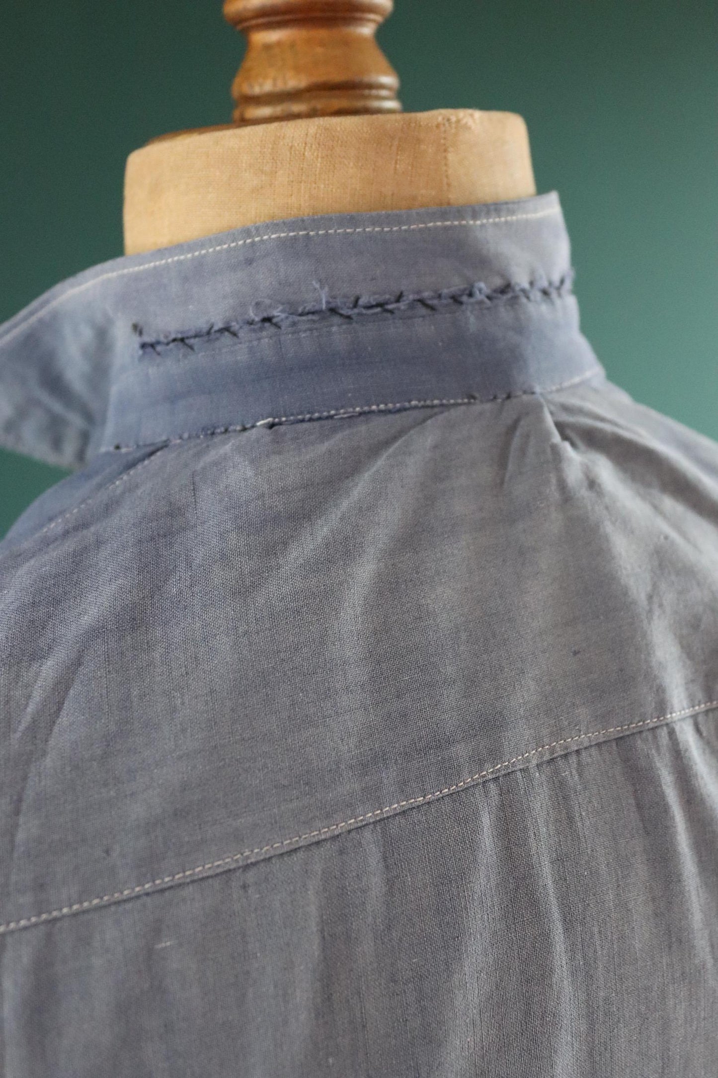 Vintage 1940s French workwear shirt - faded blue chambray cotton - darned and repaired - 43” chest