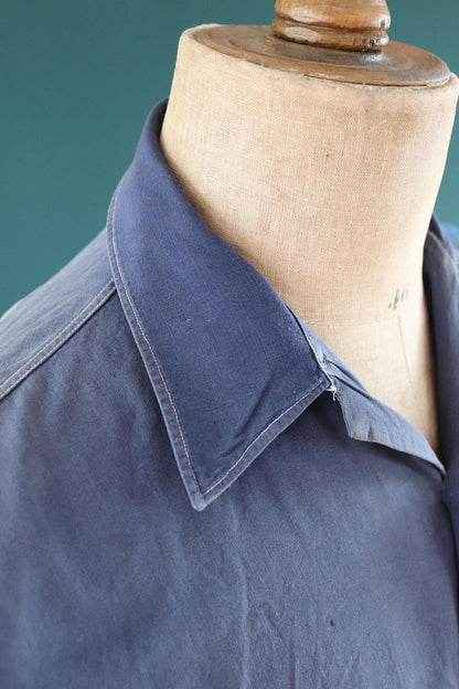 Vintage 1940s French workwear shirt - faded blue chambray cotton - darned and repaired - 44” chest