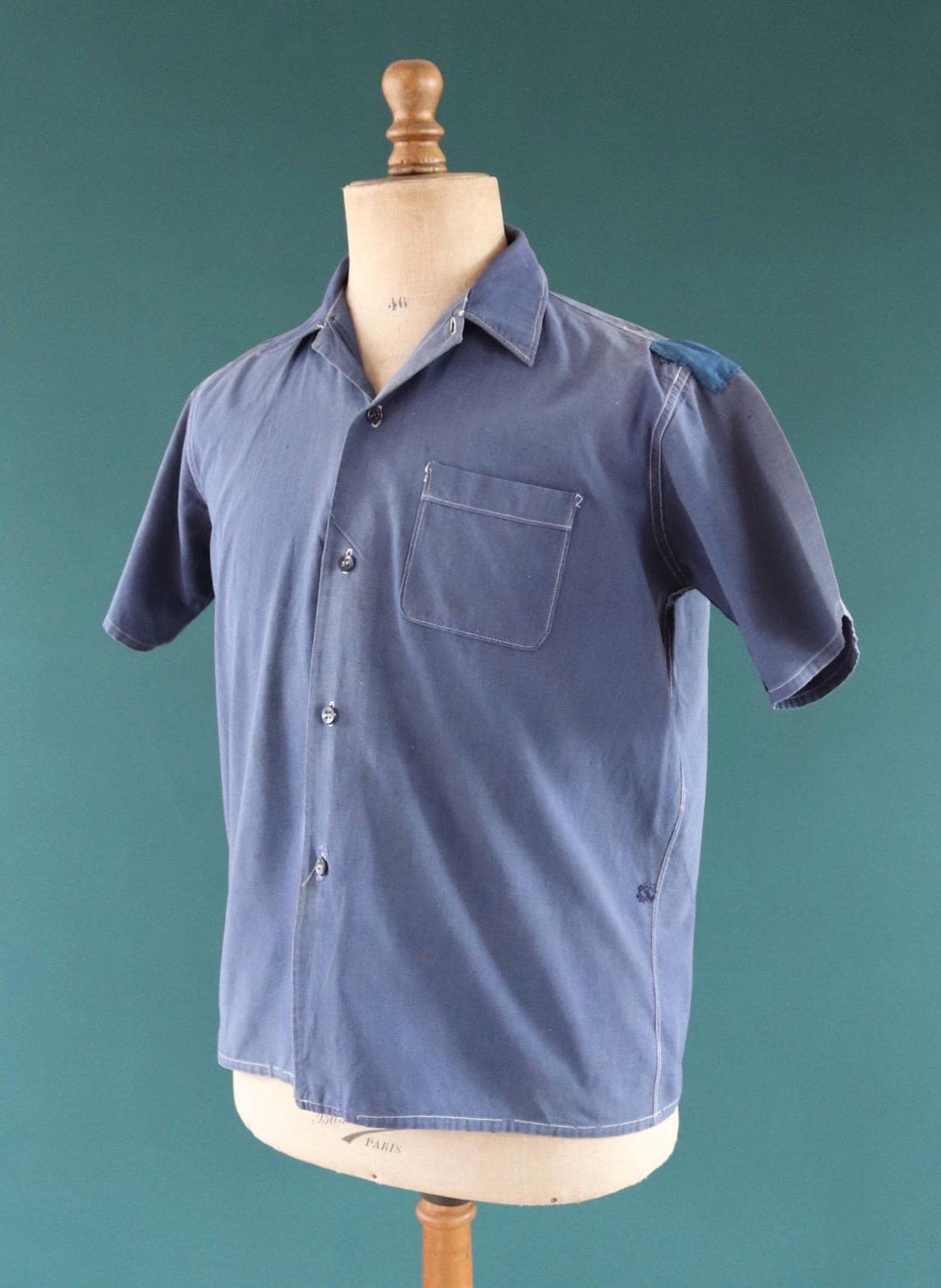 Vintage 1940s French workwear shirt - faded blue chambray cotton - darned and repaired - 44” chest