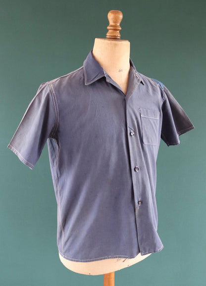 Vintage 1940s French workwear shirt - faded blue chambray cotton - darned and repaired - 44” chest