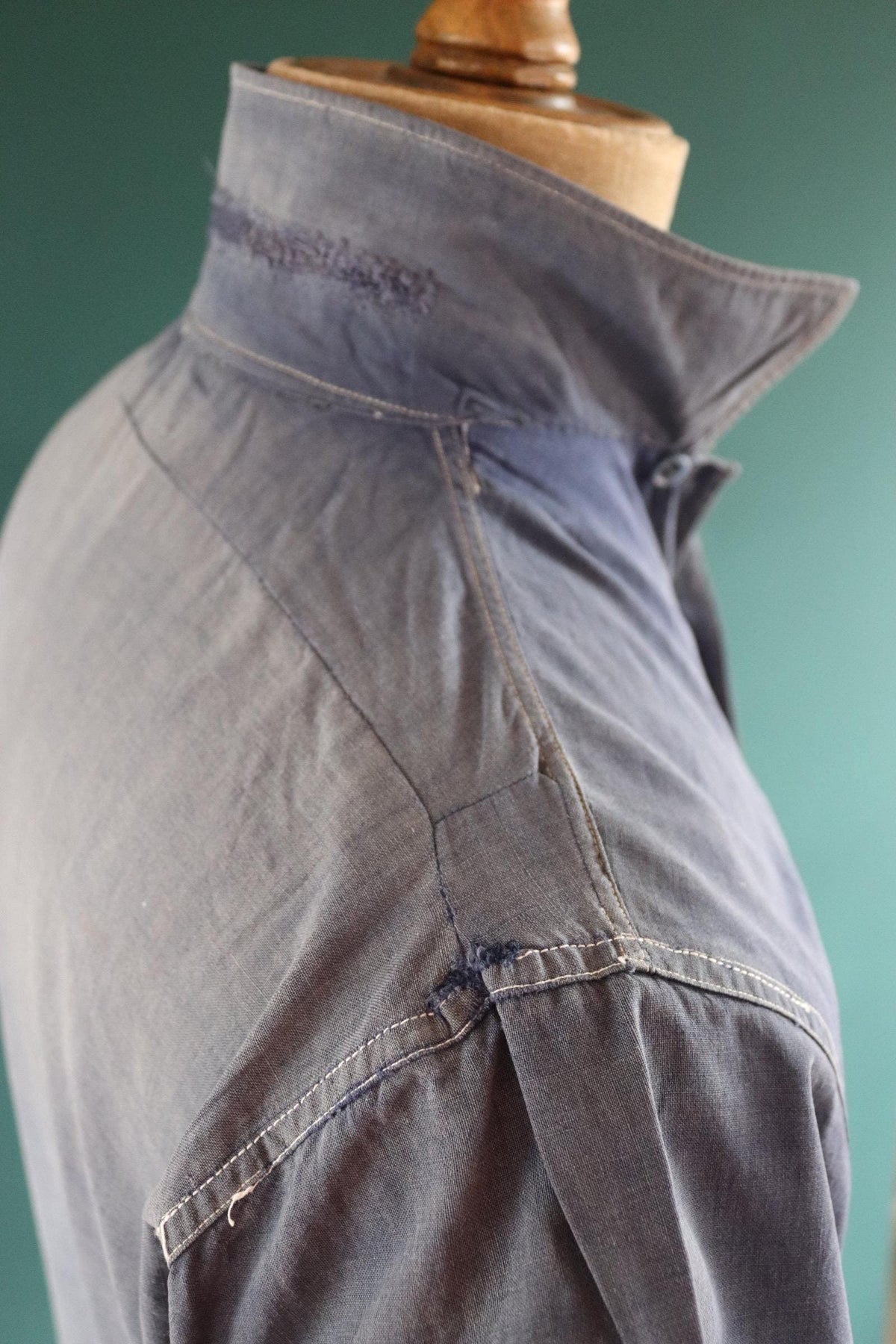 Vintage 1940s French workwear shirt - faded blue chambray cotton - darned and repaired - 44” chest